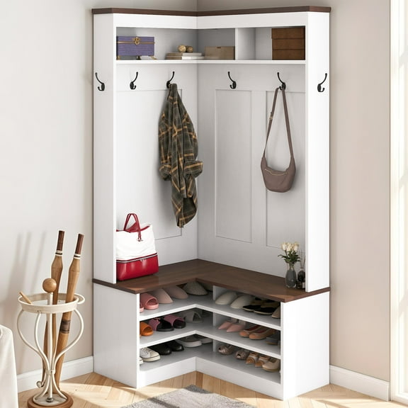 Uforic L Shape Hall Tree with Coat Rack, Shoe Storage Bench, Farmhouse Entryway Storage Organizer