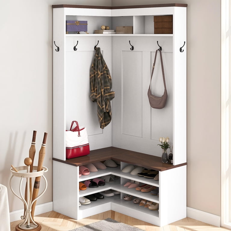 Uforic L Shape Hall Tree with Coat Rack, Shoe Storage Bench
