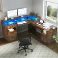 thumbnail image 1 of Uforic L Shaped Computer Desk with Power Outlet&LED Lights&File Drawer, 59 '' Corner Computer Table with Hutch& Storage Shelves, Gaming Desk Office Desk with Lift Top For Home Office, Black & Brown, 1 of 13