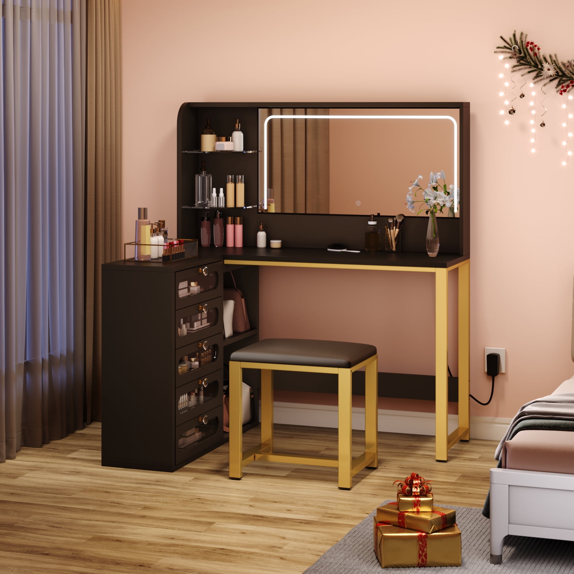 Uforic Black Corner Makeup Vanity Desk Set with Stool, LED Mirror, Glass Drawers