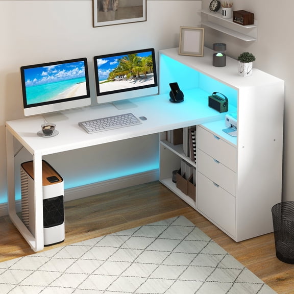 Uforic L Shaped Desk with Power Outlets & LED Lights & File Cabinet, 55" Corner Computer Desk with 3 Drawers & 3 Storage Shelves, Home Office Desk with Bookshelf, White