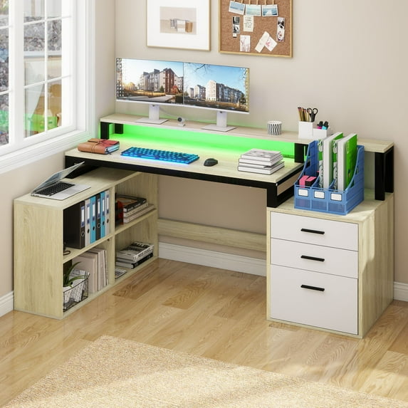 Uforic L-Shaped Desk with USB Ports & LED Light, Modern Computer Desk with Monitor Stand & 3 Drawers, Office Desk Executive desk with Open Storage Shelves, Corner Desk for Home Office, White