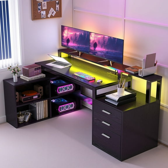 Uforic L Shaped Desk with LED Light & Power Outlets, Corner Computer Desk with Drawers & Open Storage Shelves, Black