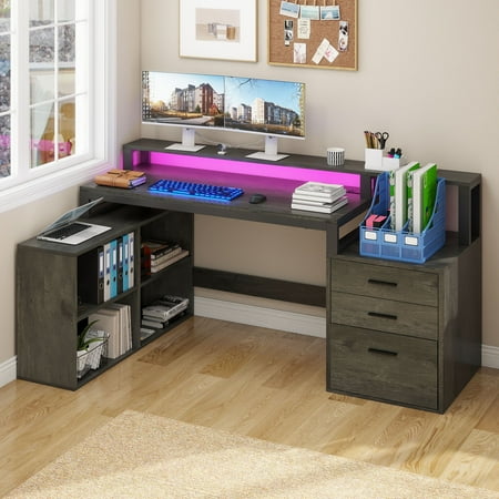 Uforic L Shaped Desk with LED Light & Power Outlets, Corner Computer Desk with Drawers & Open Storage Shelves, Gray