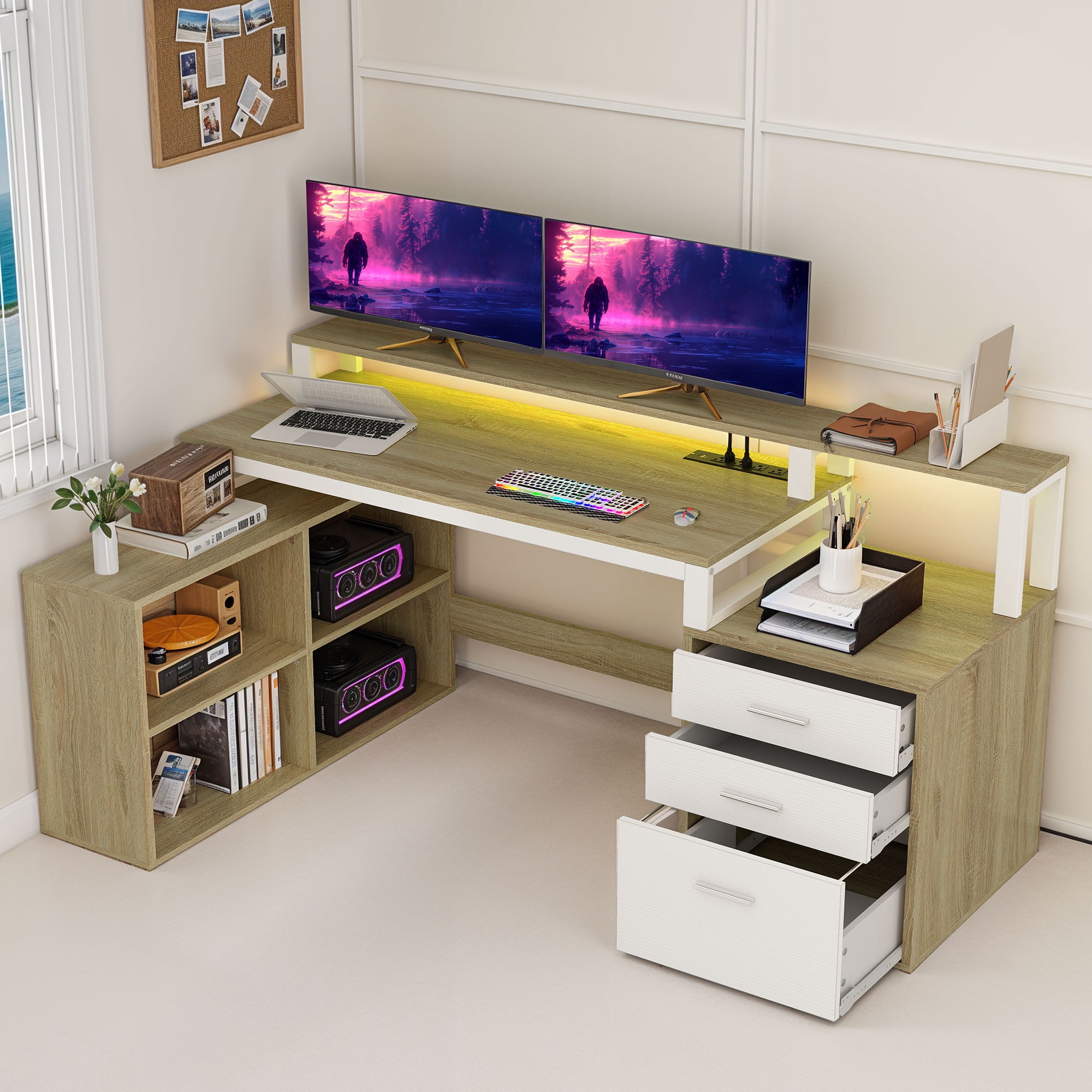 Uforic L Shaped Desk with LED Light & Power Outlets, Corner Computer Desk with Drawers & Open Storage Shelves, Oak