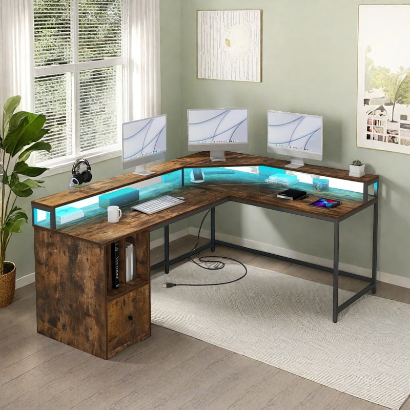 Uforic L-Shaped Desk with Power Outlets& LED Lights, Corner Computer Desk for Home Office, Brown