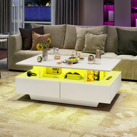 Uforic LED Coffee Table, Modern Center Tables with Storage for Living Room, White