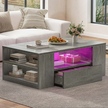 Uforic LED Coffee Tables High Glossy Center Table with 2 Sliding Drawers and Open Shelf, Gray