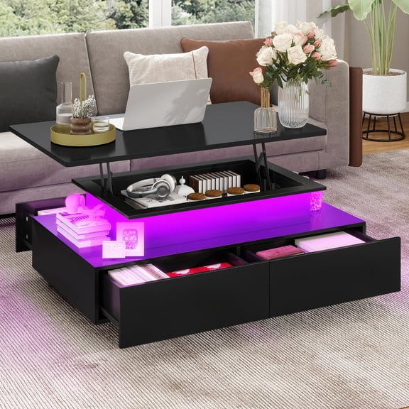 Uforic LED Lift Top Coffee Table, Modern Living Room Tables with 4 Spacious Drawers, Black