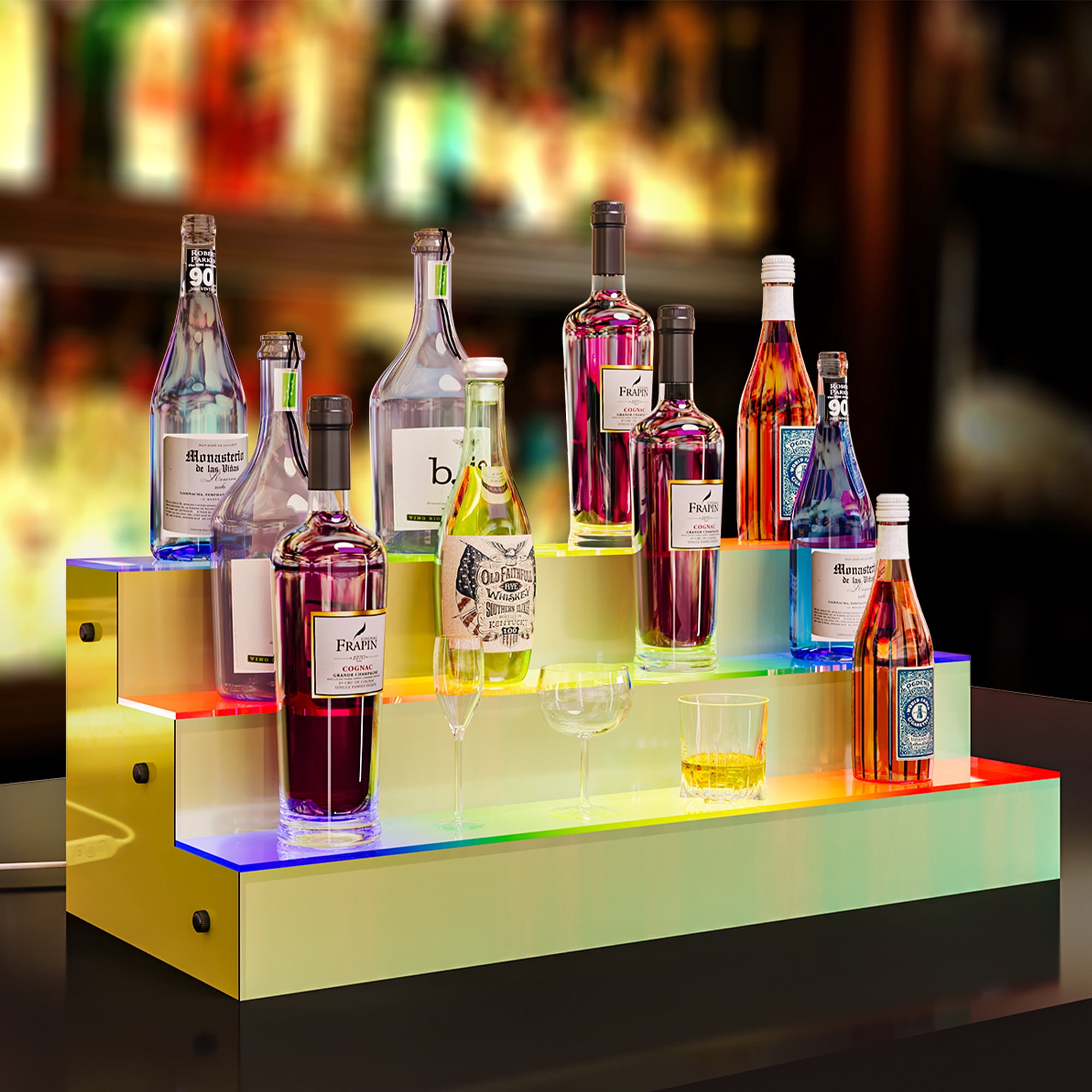Uforic LED Liquor Bottle Display Shelf 3 Tier 30-Inch Lighted Bar Shelves Colorful Acrylic Storage Rack with Dazzling Panel RF Remote & App Control Supports Power Bank Multicolor Lighting Shelf