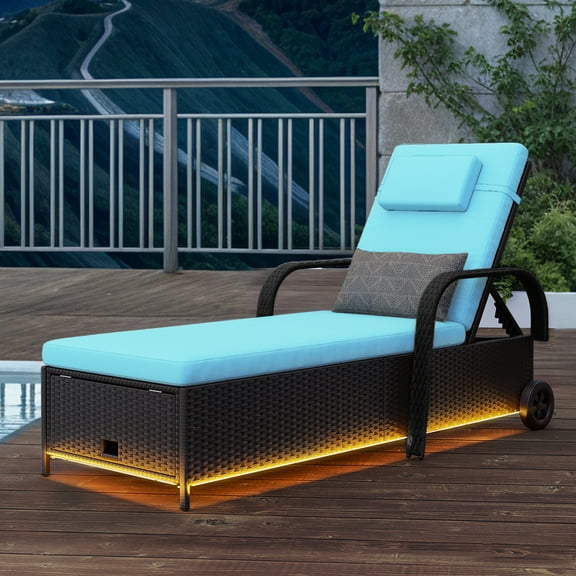 Uforic LED Outdoor Lounge Chair with 5-Level Recline, Wheels, Storage, Patio Wicker Chaise, Black/Blue
