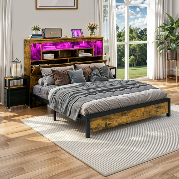 Uforic LED Queen Size Bed Frame with Storage Bookcase Headboard, Platform Bed with Charging Station, Noise-Free, Rustic Brown