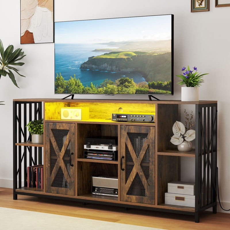 Uforic LED TV Stand for 70/65 Inch TV, Large Media Console Cabinet with Power Outlets, Rustic Brown