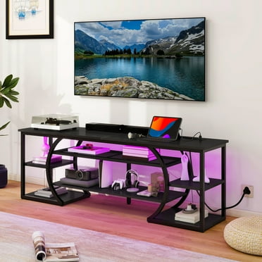 Uforic LED TV Stand for 70 Inch TV, Rustic Entertainment Center TV Console w/Power Outlets,Black