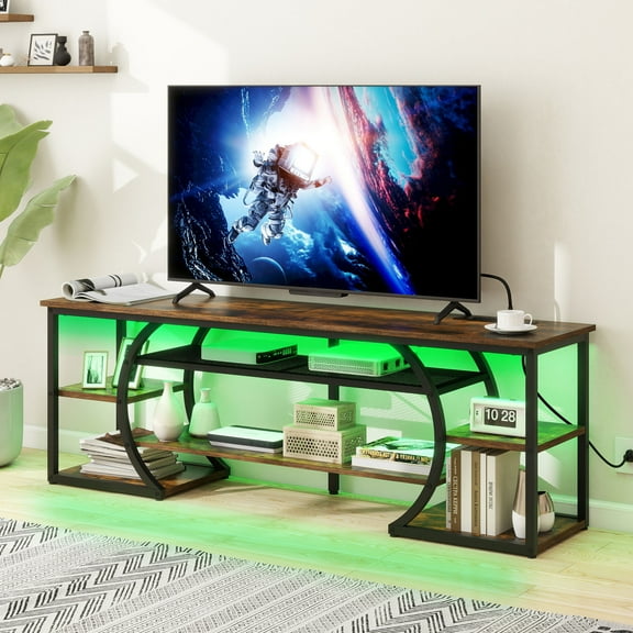 Uforic LED TV Stand for 70 Inch TV, Rustic Entertainment Center TV Console w/Power Outlets, Brown