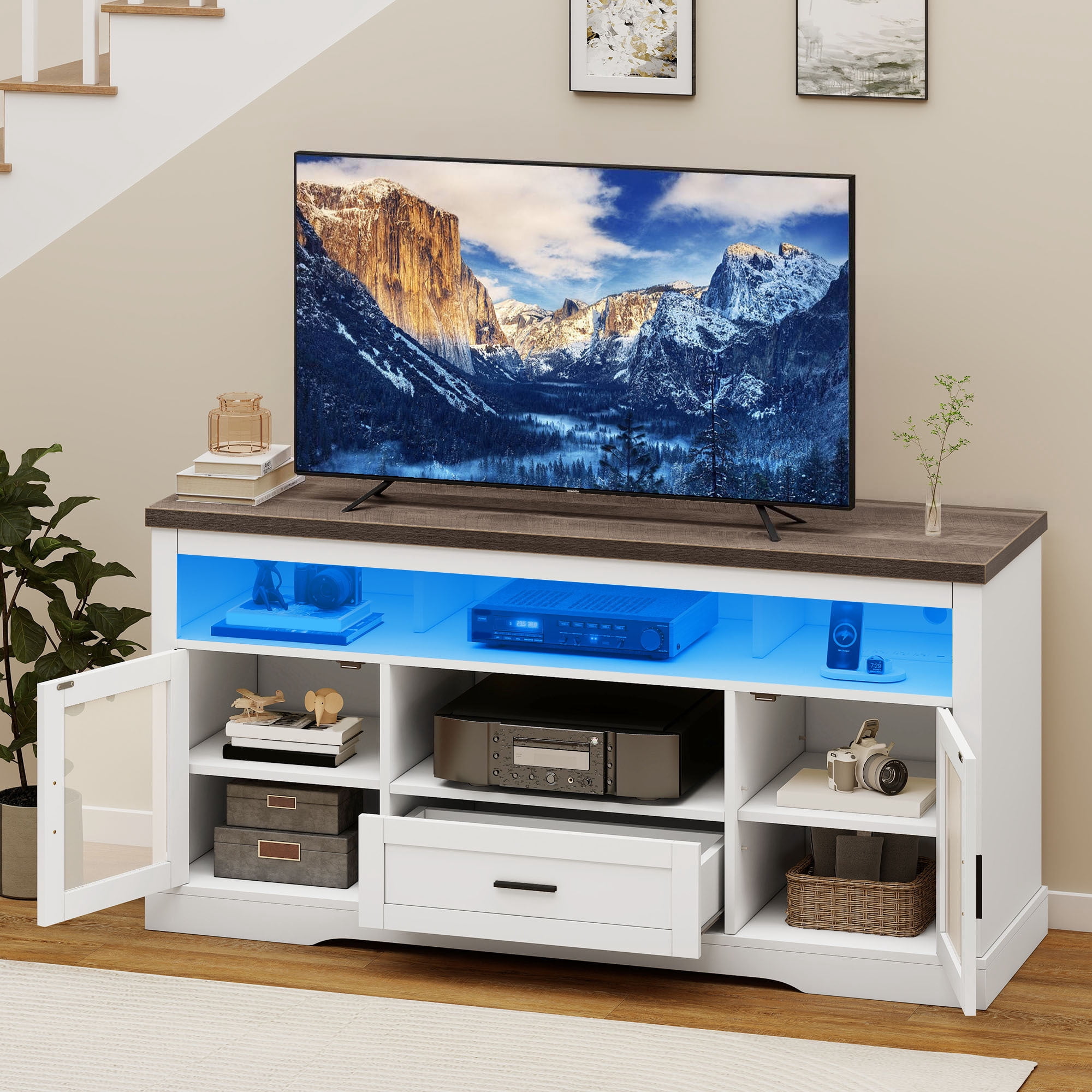 Uforic LED TV Stand for TV up to 65", Highboy Entertainment Center w/Outlets & USB Ports, Media Console Cabinet w/Glass Doors, White