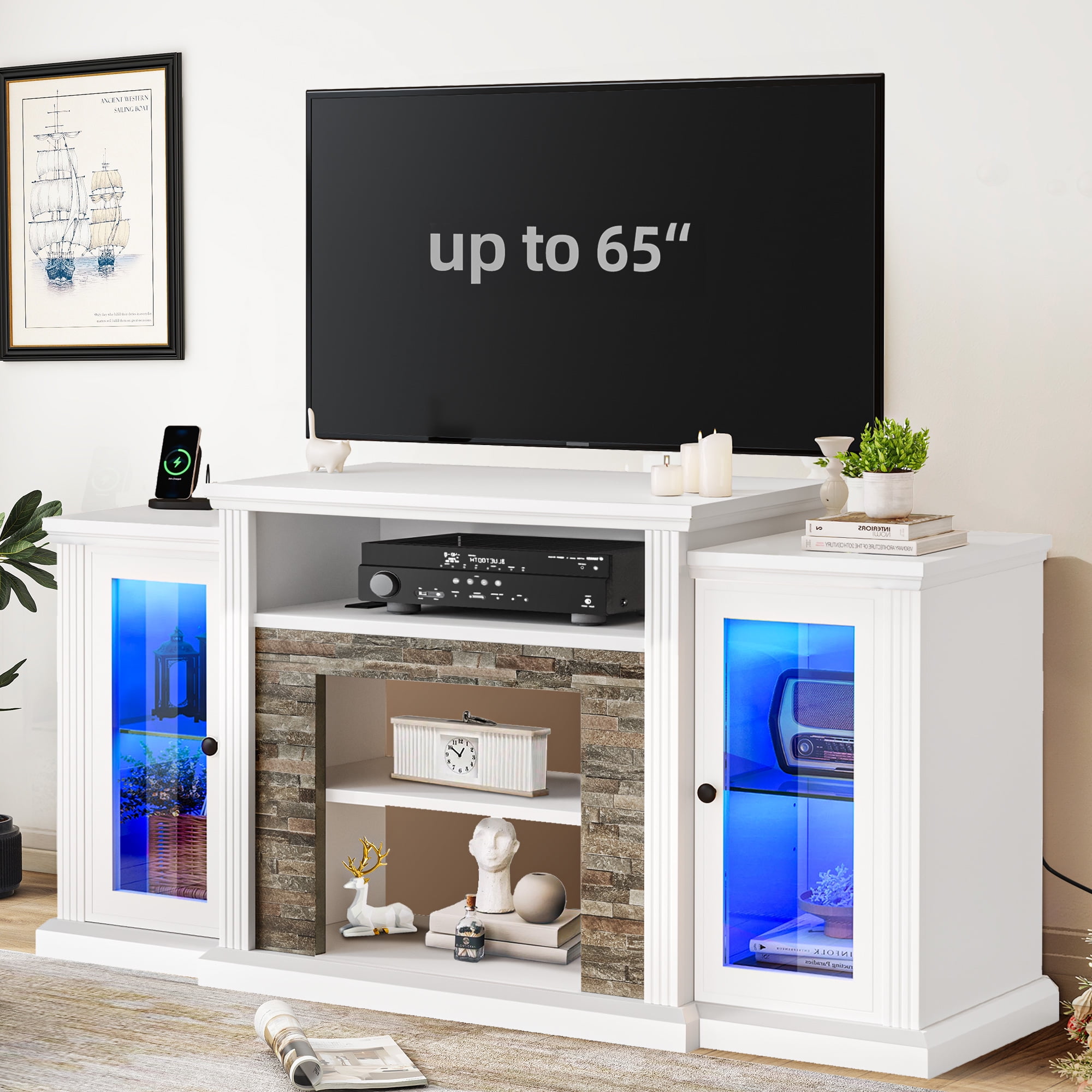 Uforic LED TV Stand w/Power Outlets for 65 55 Inch TV, TV Console Entertainment Center, White