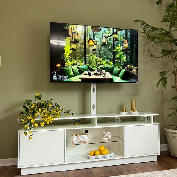 Uforic LED TV Stand with Mount & Power Outlet, Height Adjustable TV Mount for 75/65/60 inch TVs, White