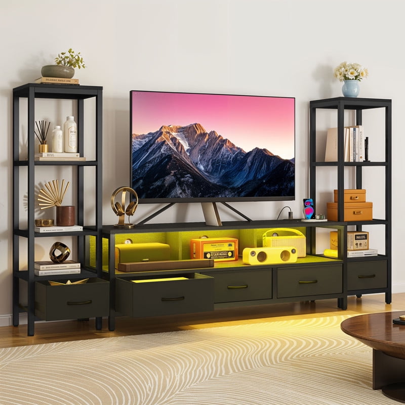 Uforic LED TV Stand with with Power Outlets for Tvs up to 65", Entertainment Stand with Bookcase, Black