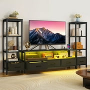 Uforic LED TV Stand with with Power Outlets for Tvs up to 65", Entertainment Stand with Bookcase, Black