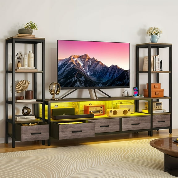 Uforic LED TV Stand with with Power Outlets for Tvs up to 65", Entertainment Stand with Bookcase, Gray