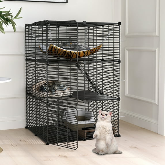Uforic 41" Large 3-Tier Cat Cage with Extra Large Hammock - Indoor Pet Playpen for 1-2 Cats, Black