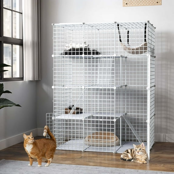 Uforic Large 4-Tier Cat Cage with Extra Large Hammock – Metal Playpen Cat Kennel for 1-3 Cats, Indoor DIY Cat Enclosure, White, 41"L x 28"W x 55"H