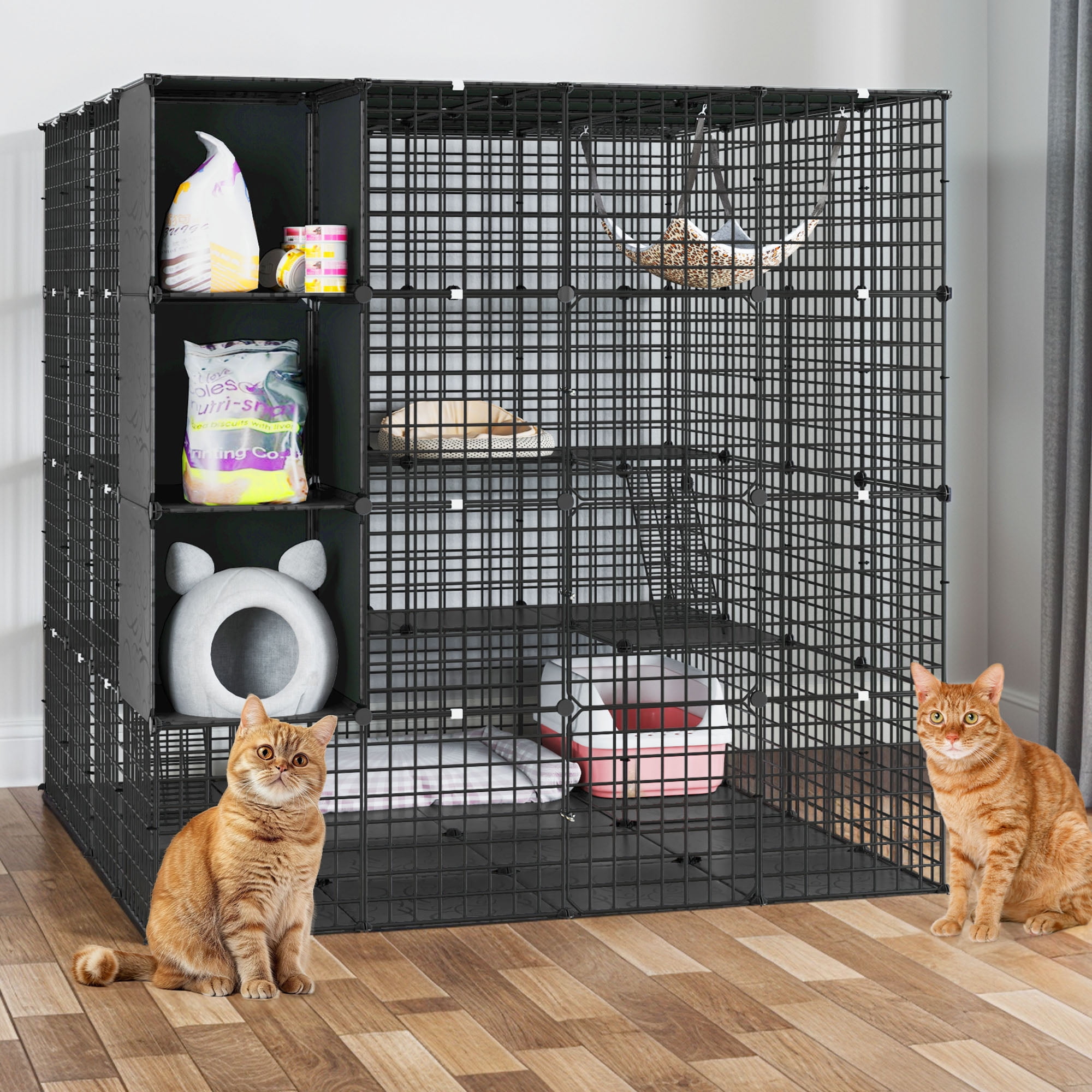 Uforic Large 4-Tier Cat Cage with Extra Large Hammock – Metal Playpen Cat Kennel for 1-4 Cats, Indoor DIY Cat Enclosure, Black, 55"L x 55"W x 55"H