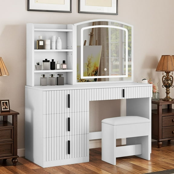 Uforic Large 55.5" Makeup Vanity with 3 Color Lights, Vanity Desk with USB Charging Station, Vanity Makeup Table with 4 Drawers, Hidden and Open Storage Shelves, White