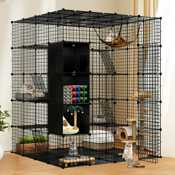 Uforic Large Cat Cage 5-Tier Cat Kennels with Large Hammock for 1-5 Cats Metal DIY Indoor Catio Enclosure Spacious Pets Playpen(55"L x55"W x 69"H)