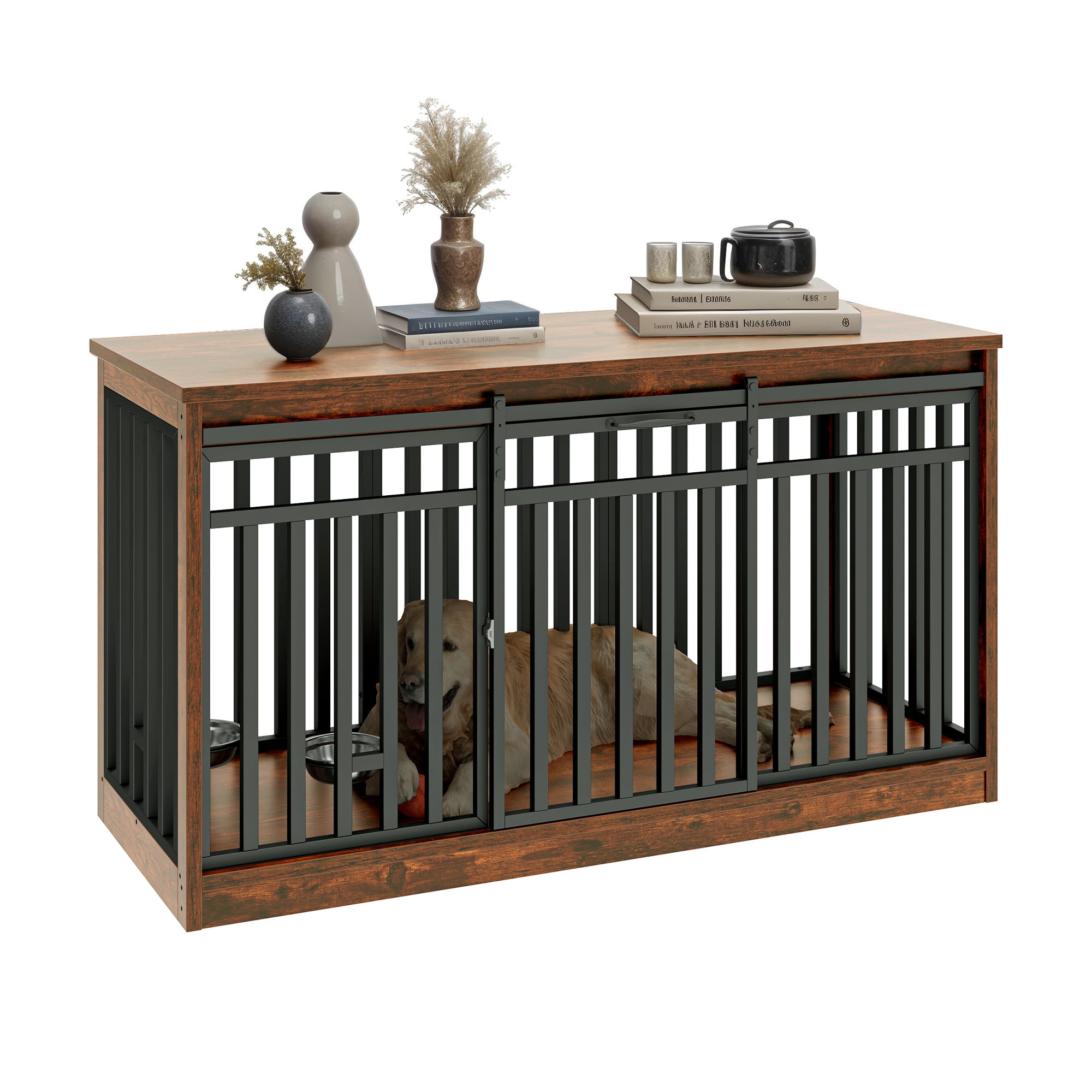 Uforic Large Dog Crate Furniture with 2 Dog Bowls, 55.1 Inch Heavy Duty Wooden TV Stand, Metal Dog Kennel, Rustic Brown