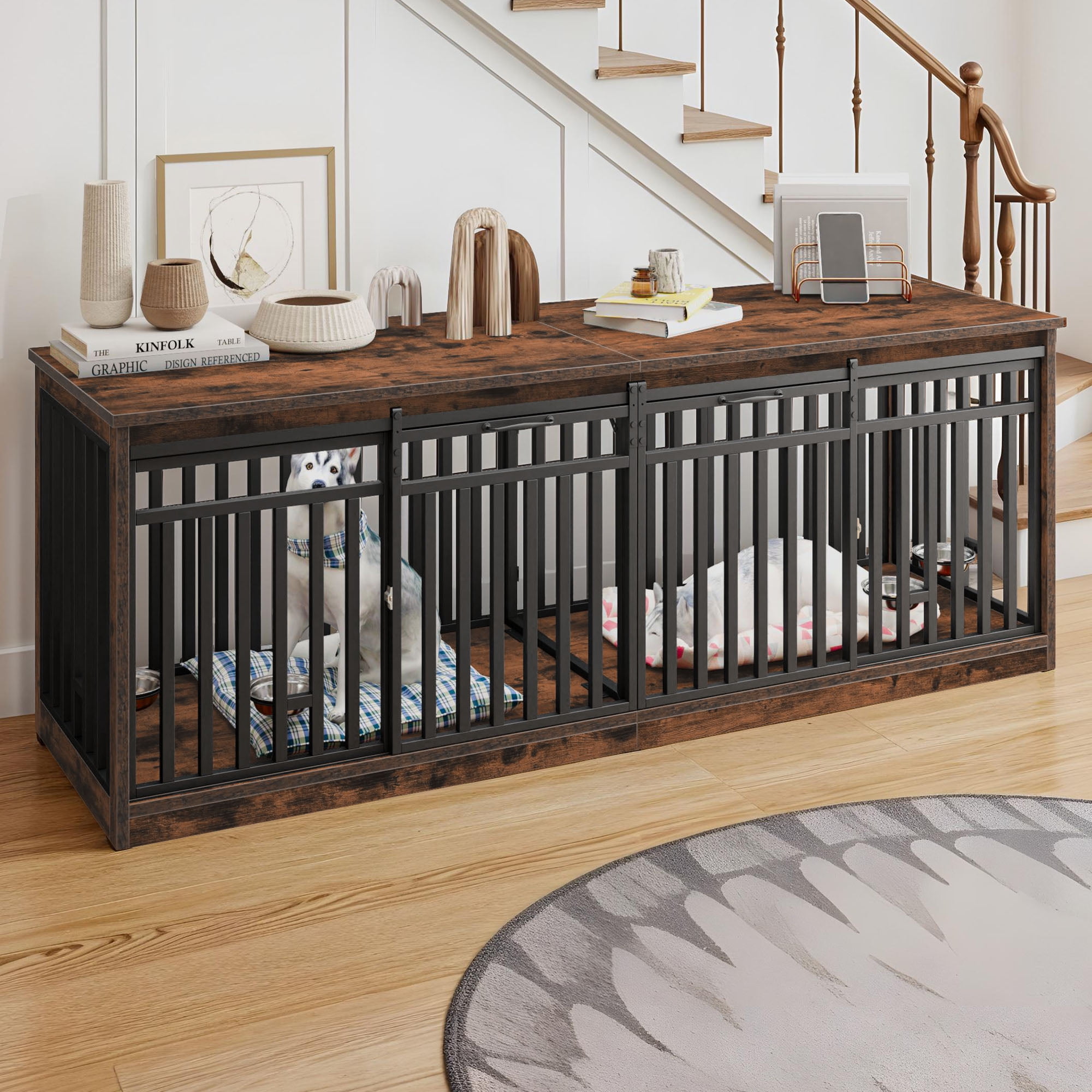 Uforic Large Dog Crate Furniture with 4 Dog Bowls, 86.6 Inch Heavy Duty Wooden TV Stand, Metal Dog Kennel, Rustic Brown