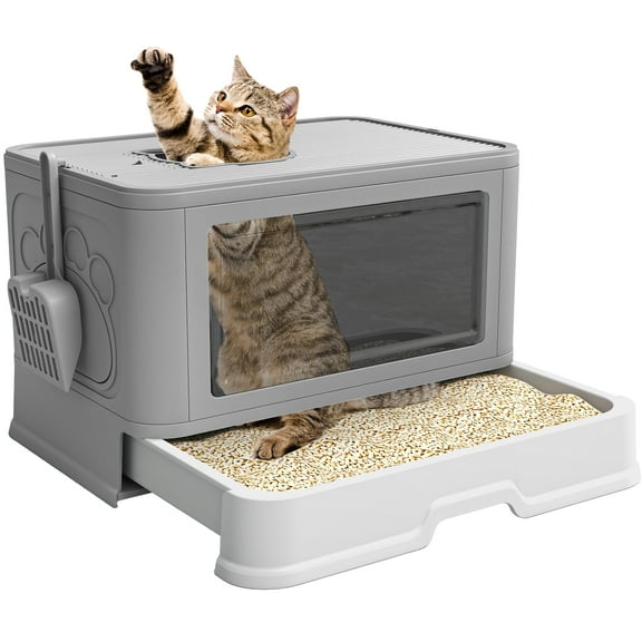 Uforic Large Enclosed Cat Litter Box with Lid Drawer Type Easy to Clean,with Litter Scoop,Gray
