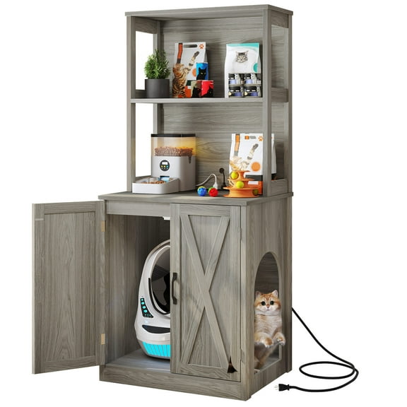 Uforic Wooden Hidden Litter Box Enclosure with 2 Shelves, Cat Cabinet for Indoor Use, Easy to Clean, Gray