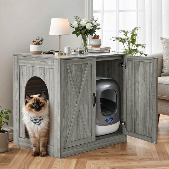 Uforic Large Hidden Electric Litter Box Cabinet with Power Outlets, Wooden Cat Litter Box Enclosure for Self-Cleaning Litter Boxes, Indoor Storage Cat Furniture, Wash Grey