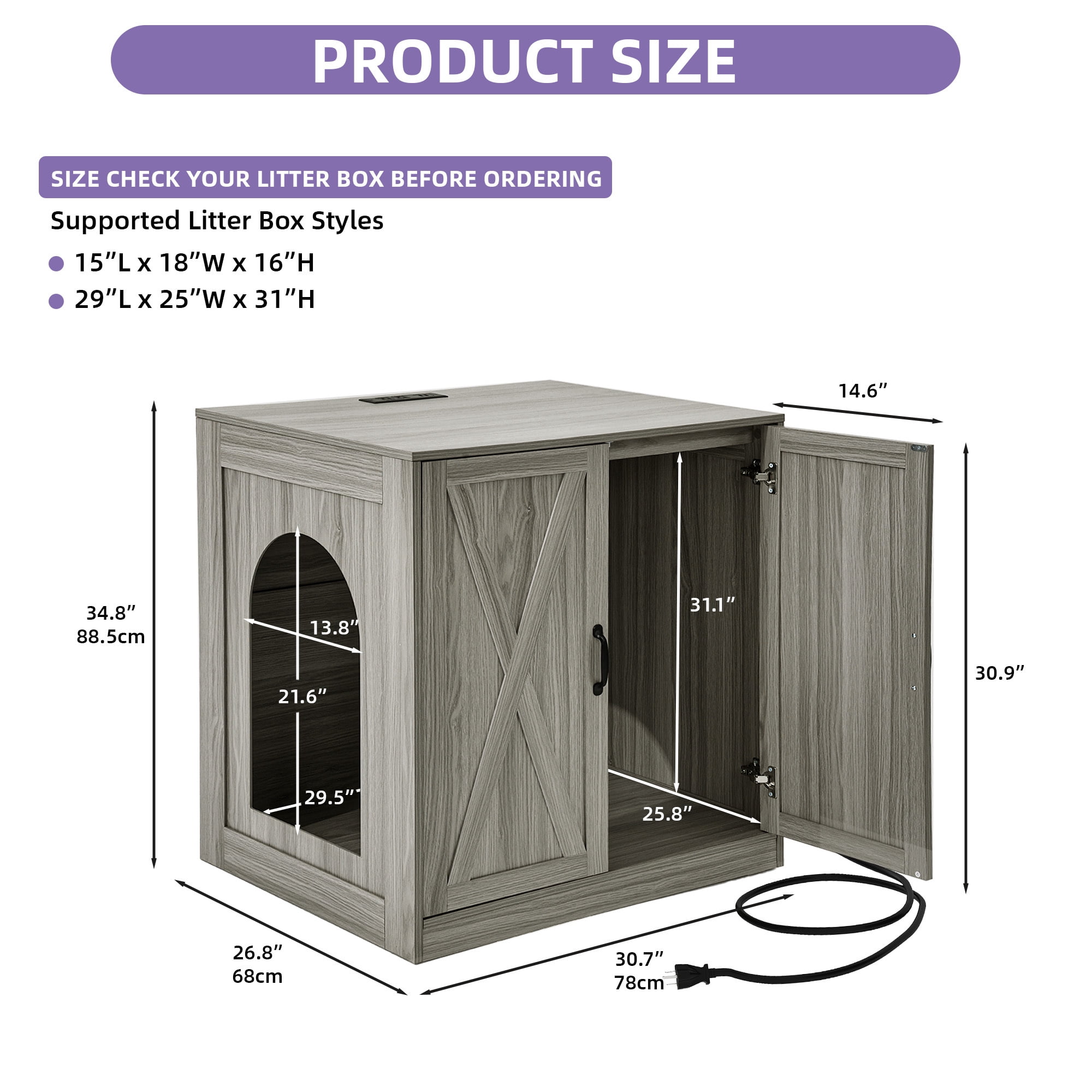 Uforic Large Hidden Litter Box Furniture with LED Light & Power Outlets, Modern High-Gloss White Wooden Cat Litter Box Enclosure for Self-Cleaning Litter Boxes, Indoor Storage Cat Cabinet