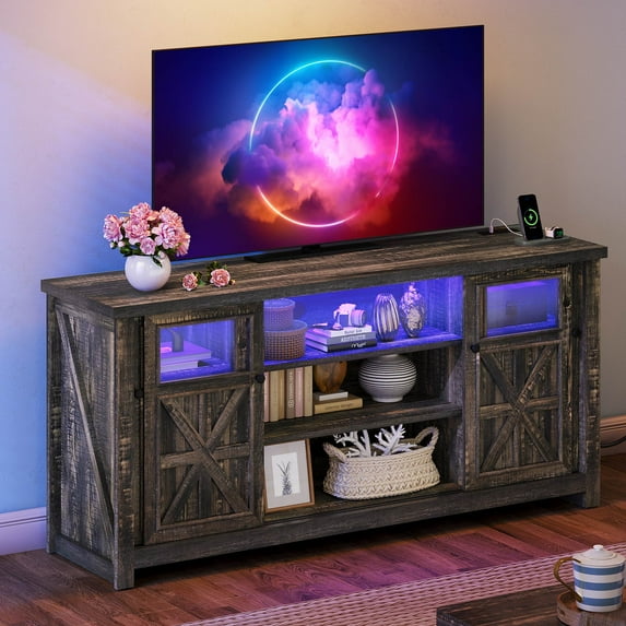 Uforic Large LED TV Stand for TV up to 75", Farmhouse Entertainment Center with Sliding Door, Oak
