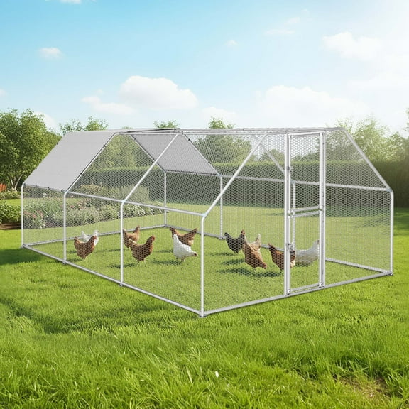 Uforic Large Metal Chicken Coop for 20-30 Chickens – 19.1x9.8x6.4ft Walk-In Poultry Cage with Flat Roof, Waterproof PE