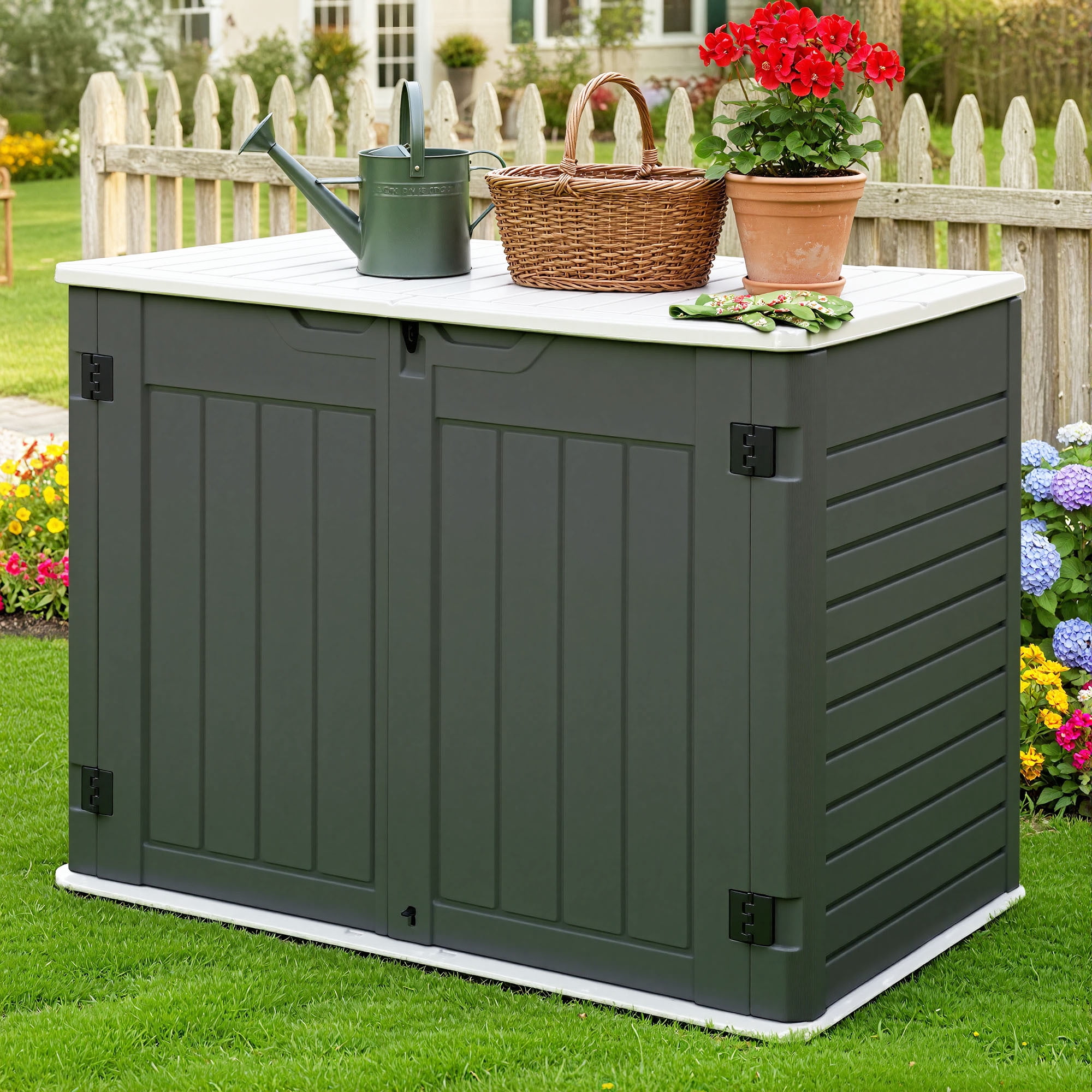 Uforic Large Outdoor Storage Shed, 47 Cu Ft Resin Tool Shed Without Shelves, Waterproof Outdoor Storage with Built-In Floor for Trash Cans, Garden Tools and Lawn Mowers, Lockable Design, Dark Gray