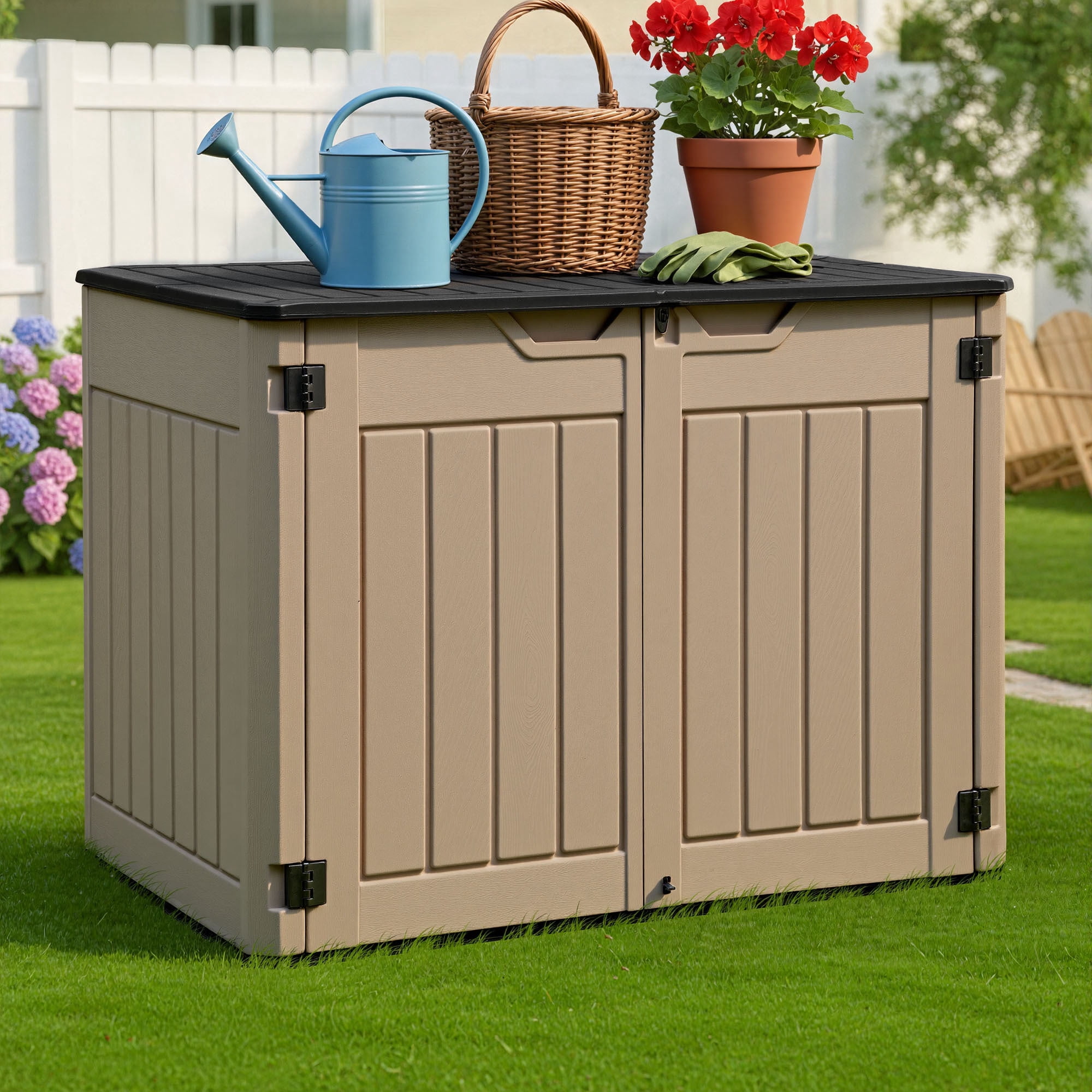 Uforic Large Outdoor Storage Shed, 47 Cu Ft Resin Tool Shed Without Shelves, Waterproof Storage with Built-In Floor for Trash Cans, Garden Tools and Lawn Mowers, Lockable Design, Brown + Black