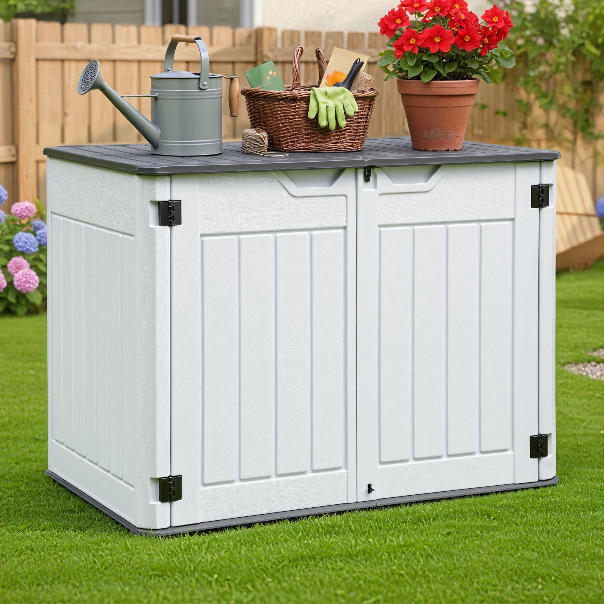 Uforic Large Outdoor Storage Shed, 47 Cu Ft Resin Tool Shed Without Shelves, Waterproof Storage with Built-In Floor for Trash Cans, Garden Tools and Lawn Mowers, Lockable Design, Light Gray