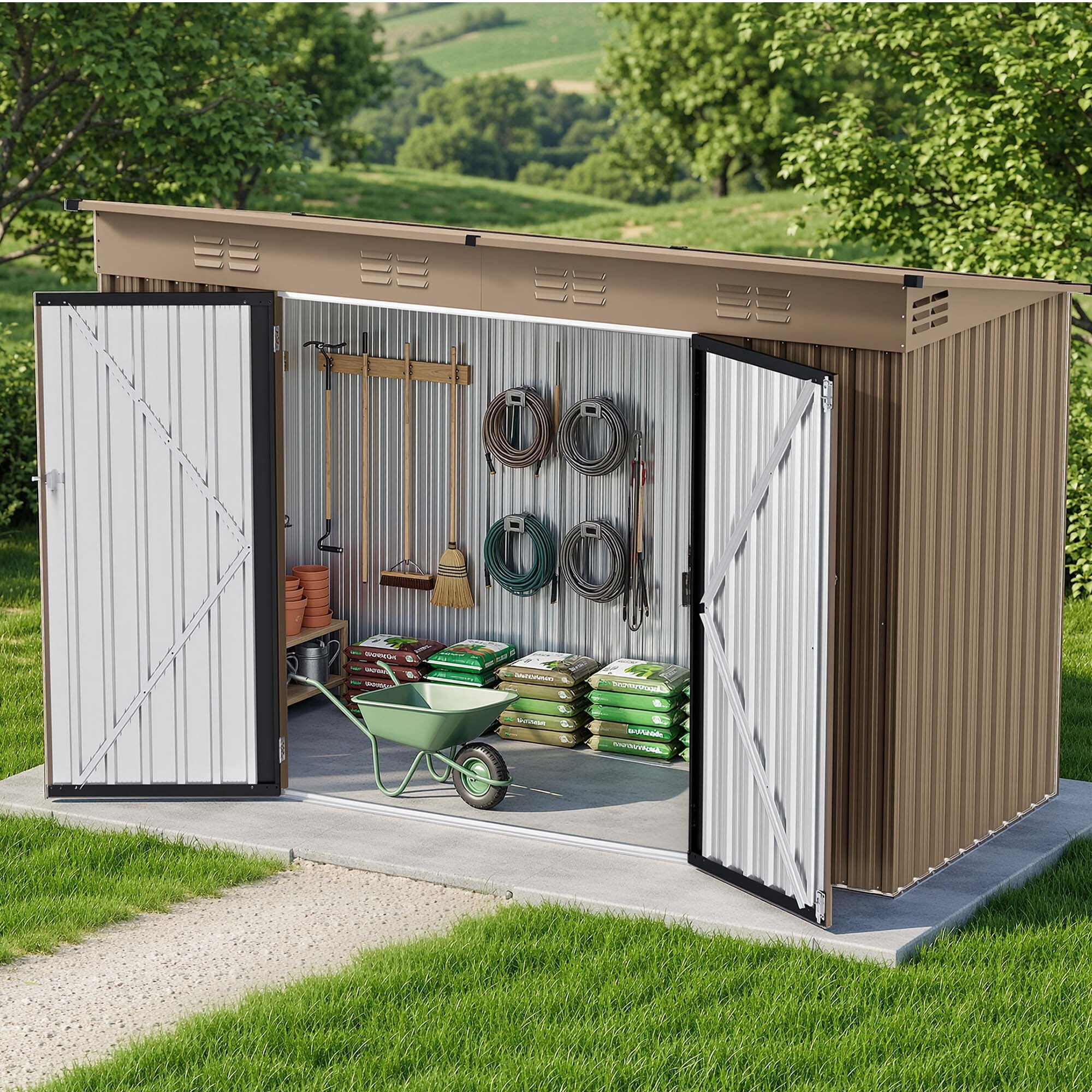 Uforic Large Outdoor Storage Shed, 9x4ft Heavy Duty Metal Tool Shed with Lockable Doors and Air Vents, for Bikes Tools Lawnmowers Backyard Patio Lawn, Brown