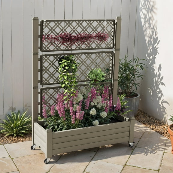 Uforic Large Planter Box Trellis, Outdoor Raised Garden Bed with Drain Plug and Lockable Wheels,for Climbing Plants, 3.6x1.5x5 FT-Light Brown