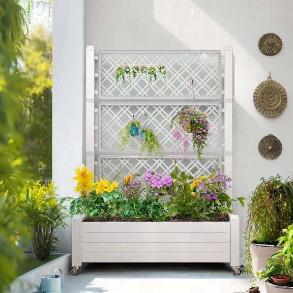 Uforic Large Planter Box Trellis, Outdoor Raised Garden Bed with Drain Plug and Lockable Wheels,for Climbing Plants, 3.6x1.5x5 FT-White