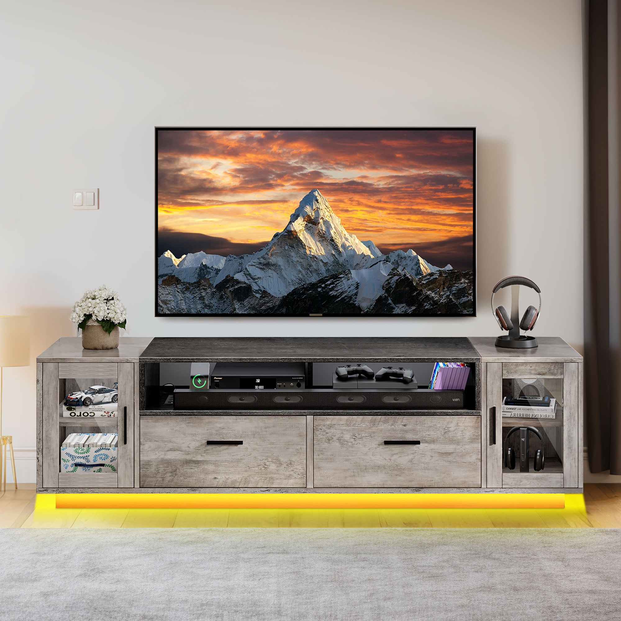 Uforic Large TV Stand w/Power Outlets for 70 inch TV, LED Entertainment Center, Gray