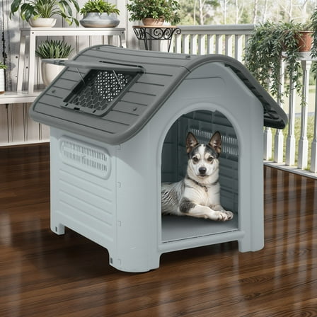 Uforic Large Waterproof Plastic Dog House with Adjustable Skylight and Elevated Floor, Outdoor Indoor Doghouse Puppy Shelter,Gray,34.3''Lx 28.3''Wx 29.5''H