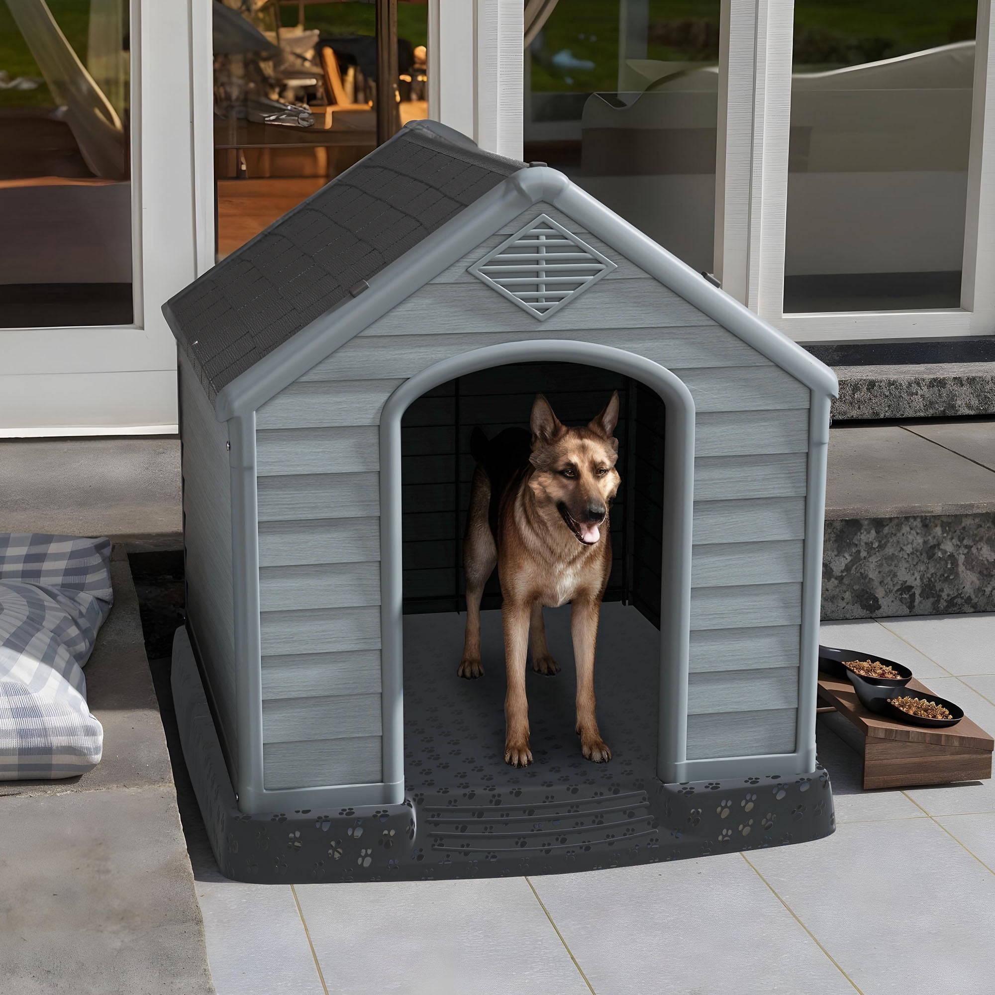 Uforic Large Waterproof Plastic Dog House with Air Vents and Elevated Floor, Outdoor Indoor Doghouse Puppy Shelter,Black+Gray,41''Lx 38''Wx 39''H