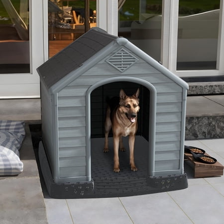 Uforic Large Waterproof Plastic Dog House with Air Vents and Elevated Floor, Outdoor Indoor Doghouse Puppy Shelter,Black+Gray,41''Lx 38''Wx 39''H