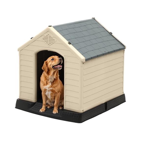 Uforic Large Waterproof Plastic Dog House with Air Vents and Elevated Floor, Outdoor Indoor Doghouse Puppy Shelter,Gray+Brown,41''Lx 38''Wx 39''H