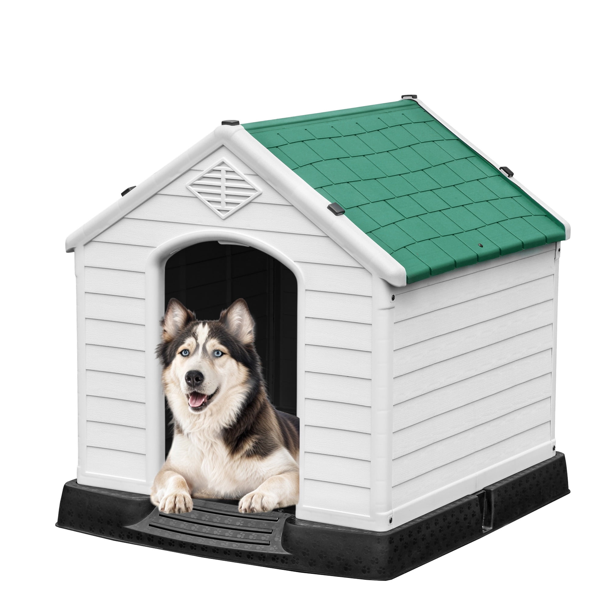 Uforic Large Waterproof Plastic Dog House with Air Vents and Elevated Floor, Outdoor Indoor Doghouse Puppy Shelter,Green,41''Lx 38''Wx 39''H